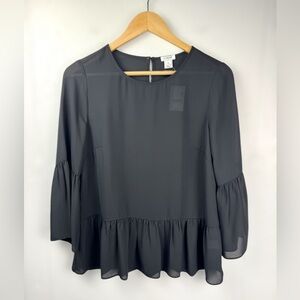 J. Crew Women’s Black Peplum Blouse with 3/4 Bell Sleeves Semi Sheer NWT Size XS